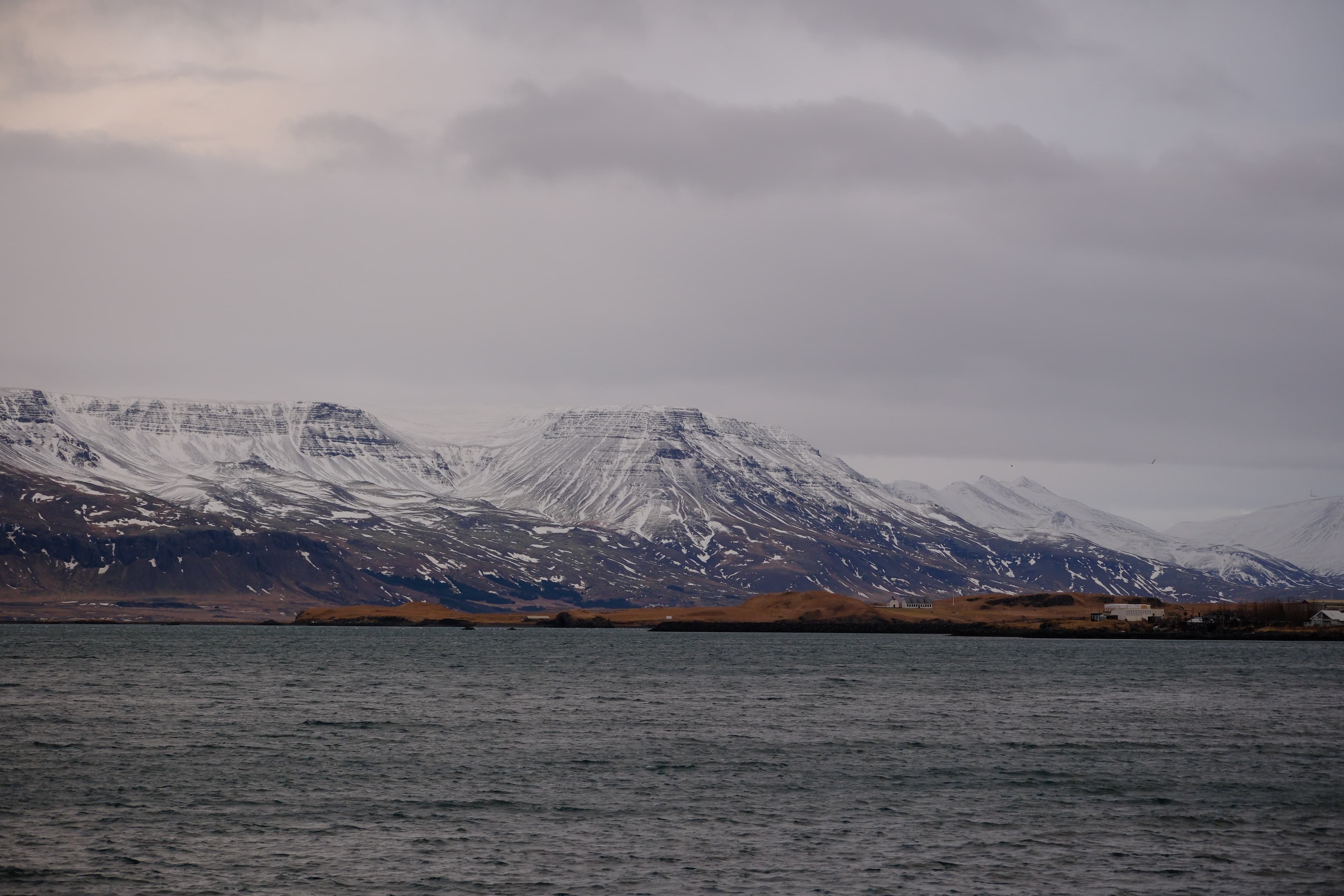 70mm · f/4 · 1/125s · ISO 500
FUJIFILM X-T5 · XF70-300mmF4-5.6 R LM OIS WR · Jan 23, 2025
Snowy mountains rise above dark water under an overcast sky.
Selfoss, Iceland
© Brandon Cook